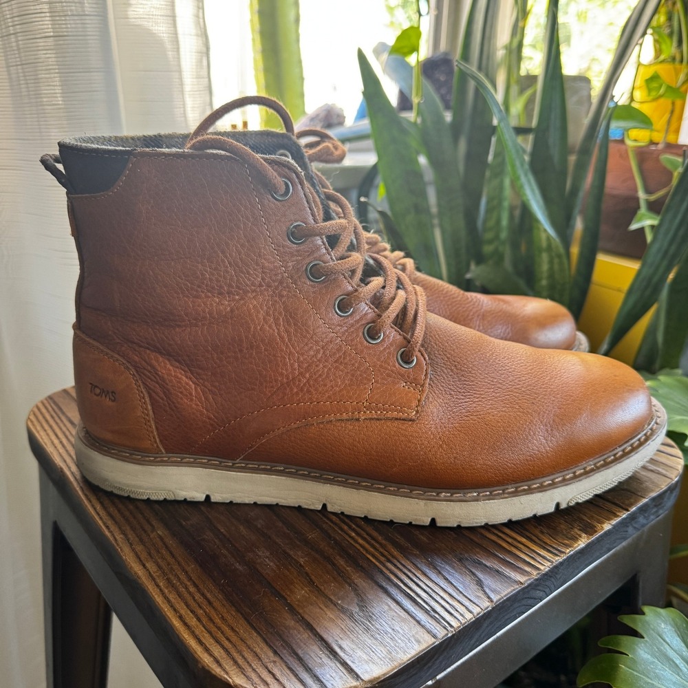 TOMS Ashland Mens Tan Pebble Grain Leather Flannel Lined Lace Up Boots‎ 11 - Picture 4 of 9
